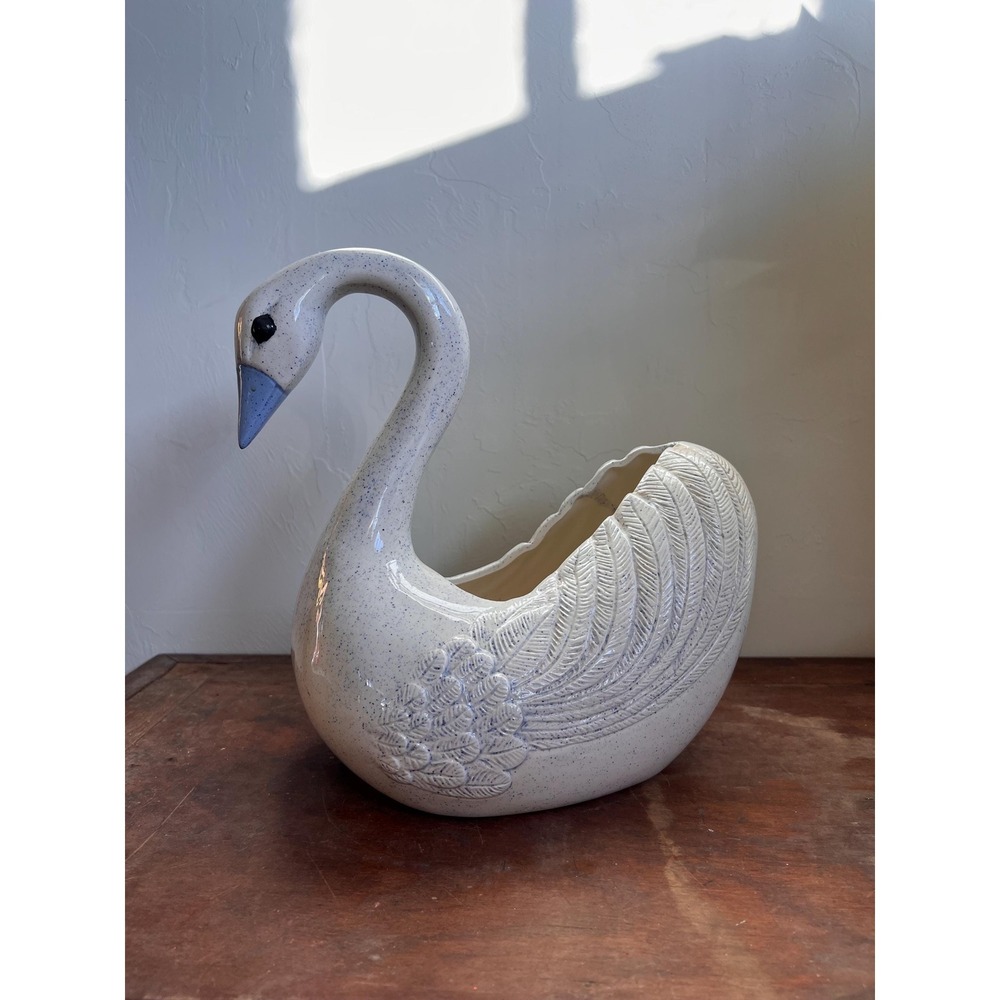 Large Vintage Ceramic Swan or Porch Goose Plant Holder Pot with Blue Glaze